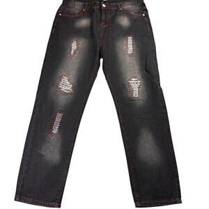 Mens Black Distressed Jeans Size 38 Slim Fit Red Stitch Grunge Streetwear NWT Y
